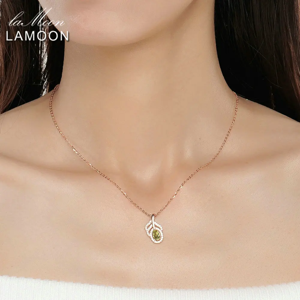 LAMOON Classic Leaf 100% Natural Oval Green Peridot Chain Necklace 925 Sterling Silver Jewelry LMNI058