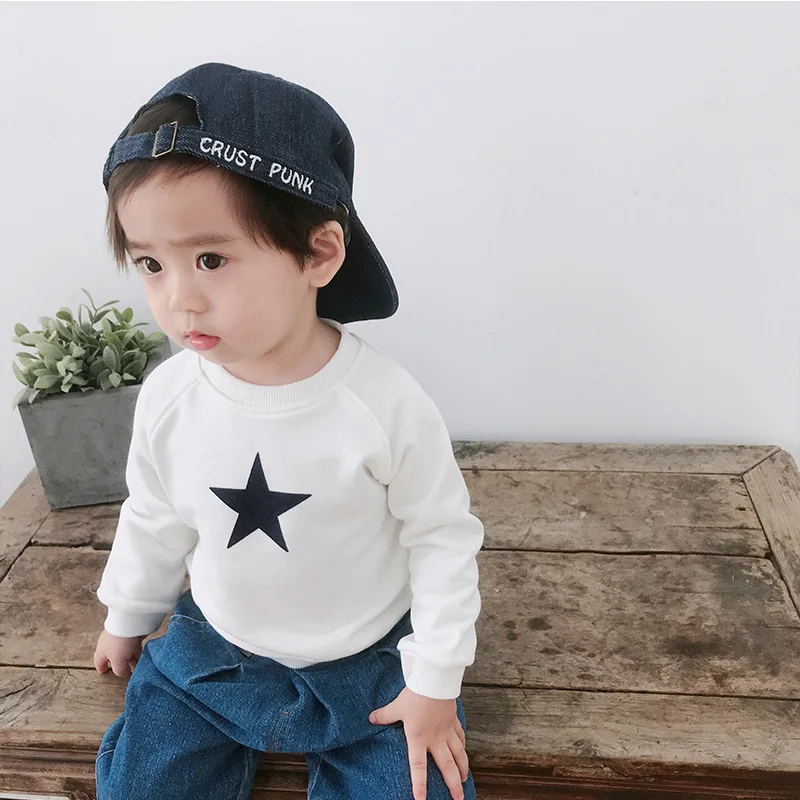 Goede Kids Baby Jongens Sweatshirts Star Gedrukt Met Lange Mouwen O hals Tops Herfst T shirt Kleding kinderen Katoen Hoodies Kostuum