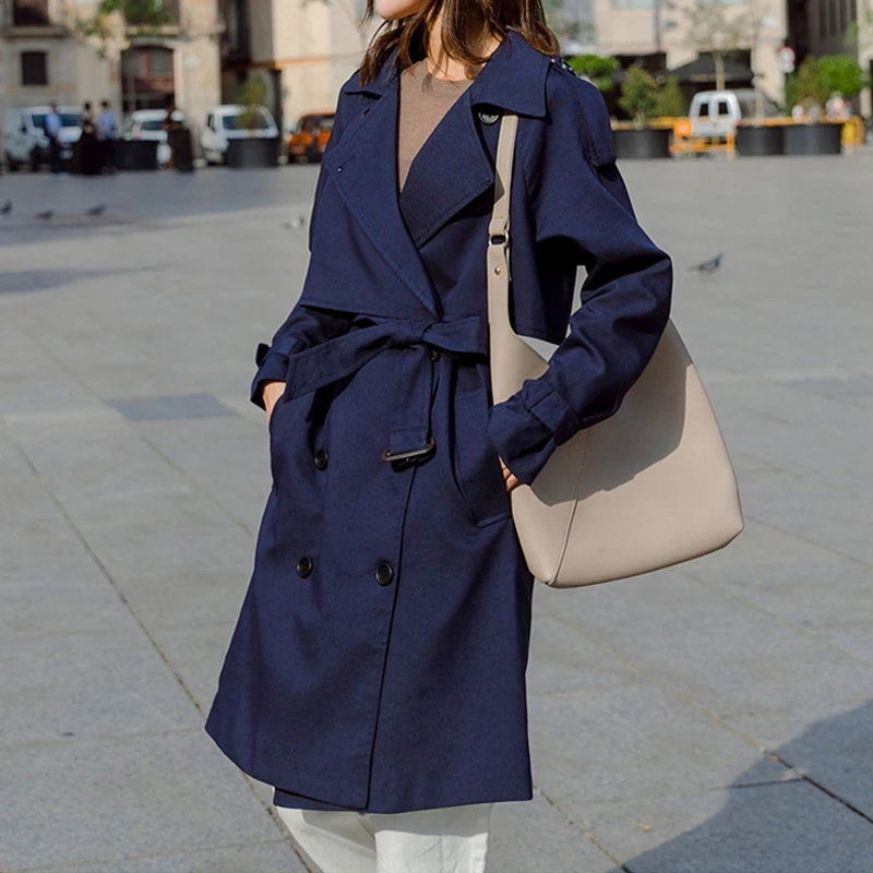 FATIKA, весна-осень, свободный стильный однотонный длинный Тренч с поясом и карманами, классическая женская верхняя одежда, пальто