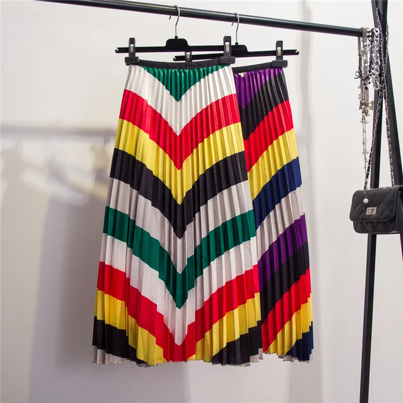 Весна, Новое поступление, Геометрическая полосатая плиссированная юбка, уличный стиль, до середины икры, ампир, модные женские юбки