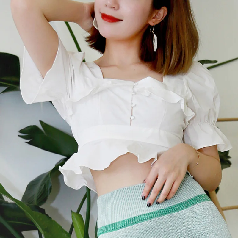 To Gladself Female 2018 Designer Fashion Casual Shirt Square Neck Sexy Cute Ruffle Hem Summer Short Crop Top Blouse for Women |