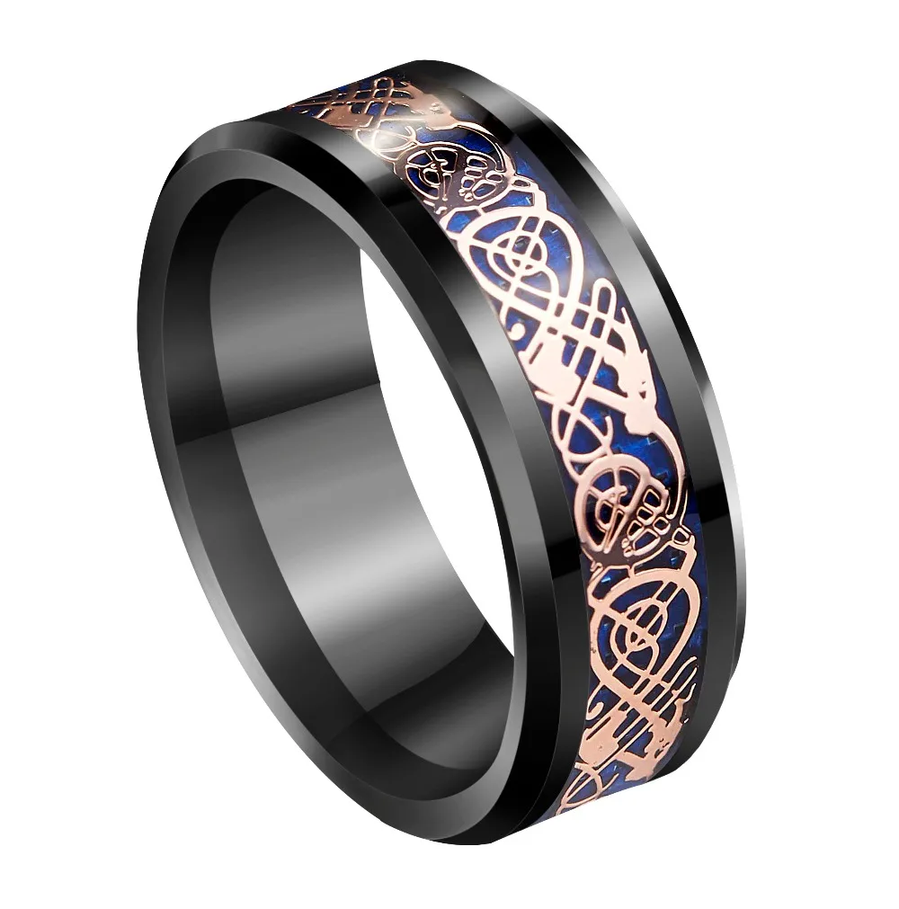 8mm Black Tungsten Ring Rose Gold Celtic Dragon Carbon