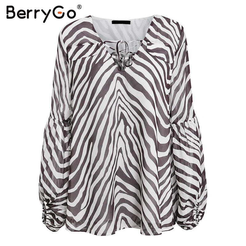 BerryGo женская блузка рубашка принт с полосками зебры летняя блузка колокол с длинным рукавом женский топ рубашка Элегантная кружевная женская блузка Ретро