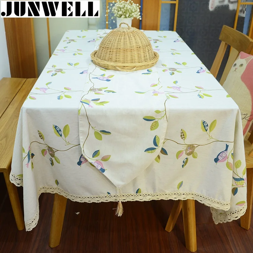 Junwell Fashion Poly Linen Bird Printing Tablecloth Colorful Table