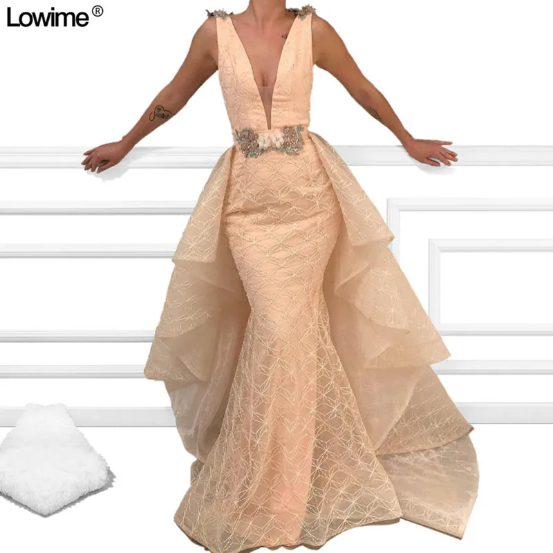 African Mermaid Lace Evening Dresses Avondjurk Sexy Deep V-Neck Robe De Soiree Prom Dress Long 2019 With Watteau Train