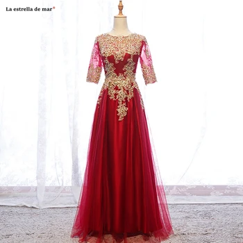 

Vestido madrinha longo2021 new Scoop neck tulle applique pearl half sleeve gold red wedding party dress real photo abiti damigel