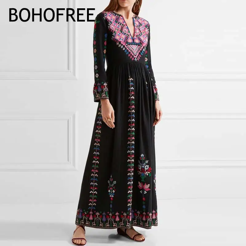 BOHOFREE Gypsy женское длинное платье с длинным рукавом и v образным вырезом в
