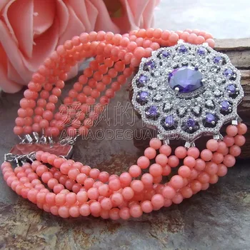 

B011211 8" 8 Strands Pink Round Coral Bracelet CZ Connector