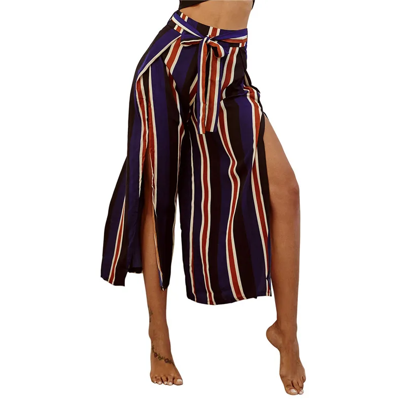 women sexy side split striped wide leg pants pockets side zipper full length female casual trousers chic long pants