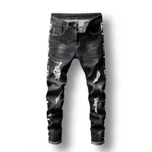 Fashion jeans men hole black elastic trousers print dark slim feet men's trousers ripped jeans for men plus size modish solid color hole design narrow feet jeans for men