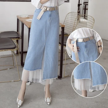 

Tulle Patchwork Skirts For Women New Fashion Spring Mesh Split High Waist Packet Demin Skirt Female Casual Long Jeans Skirt