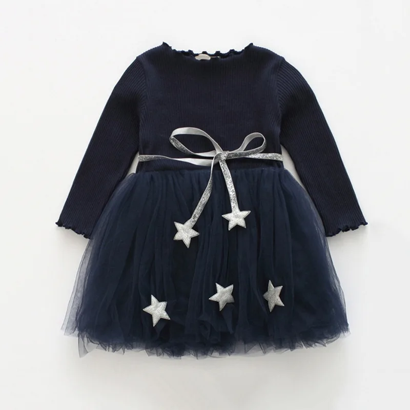

Baby Girl's O-neck Long Sleeve Casual Fashion 5 Stars Decor Dresses with Belts Princess Girl's A-line Spring Autumn Dresses