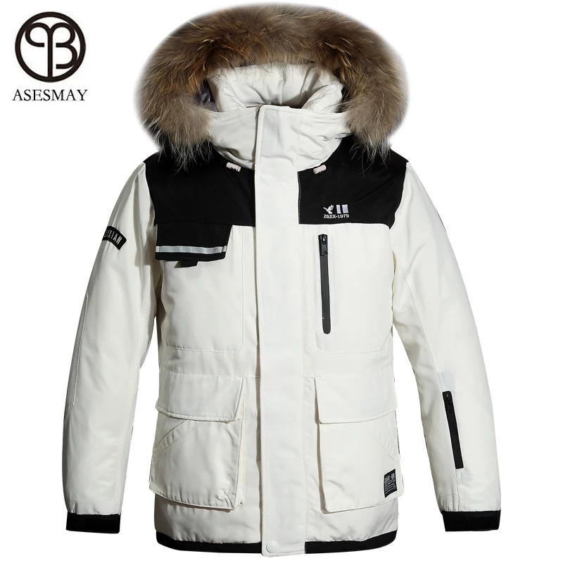 

Asesmay 2018 men winter jacket white duck down coats brand clothing high quality hood real fur collar thick warm snow outcoats