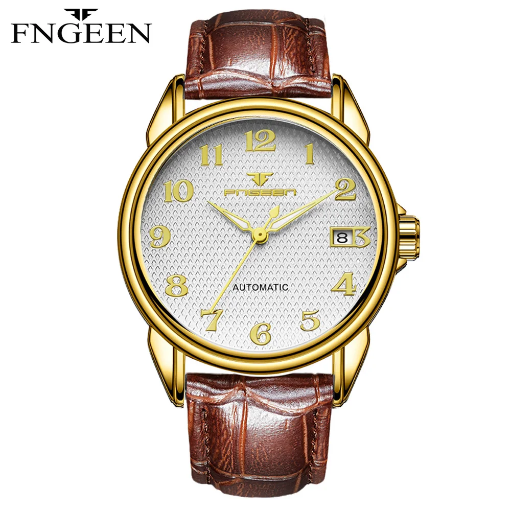

FNGEEN Brand Men Watches Automatic Mechanical Watch Sport Clock Leather Casual Business Retro Wristwatch Relojes Hombre