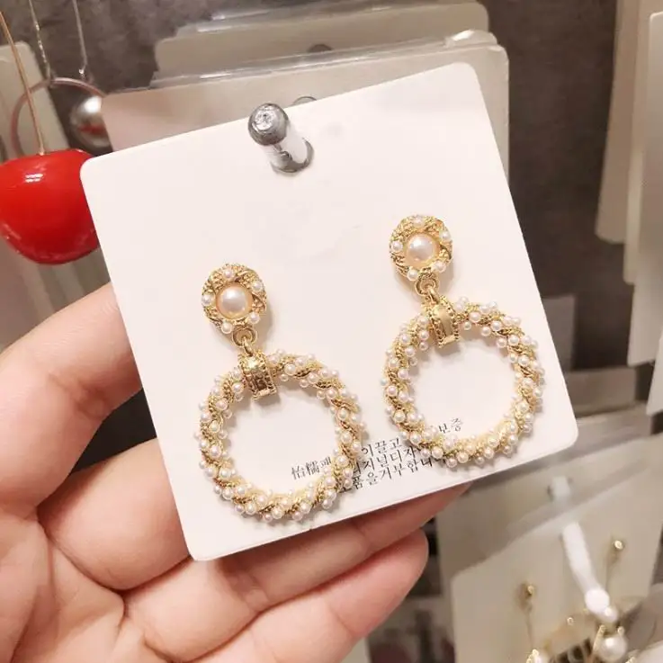 

Korea Geometric Big Circle Simulated Pearl Drop Earrings For Women Fashoin Jewelry Round Dangle Oorbellen