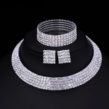 

5-Row Silver Tone Rhinestone Crystal Diamante Choker Necklace Jewelry Sets with Bracelets Wedding Jewelry