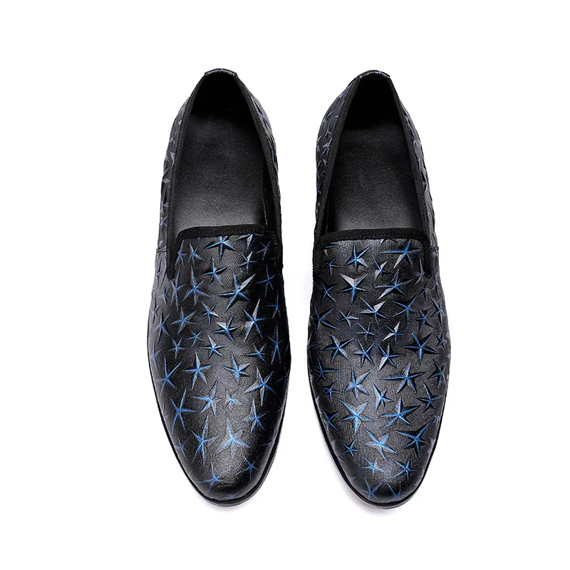 

New Blue Stars Embossed Men Shoes Leather Party Mens Dress Shoes Slip-On Wedding Shoes Men Formal Oxford Shoes