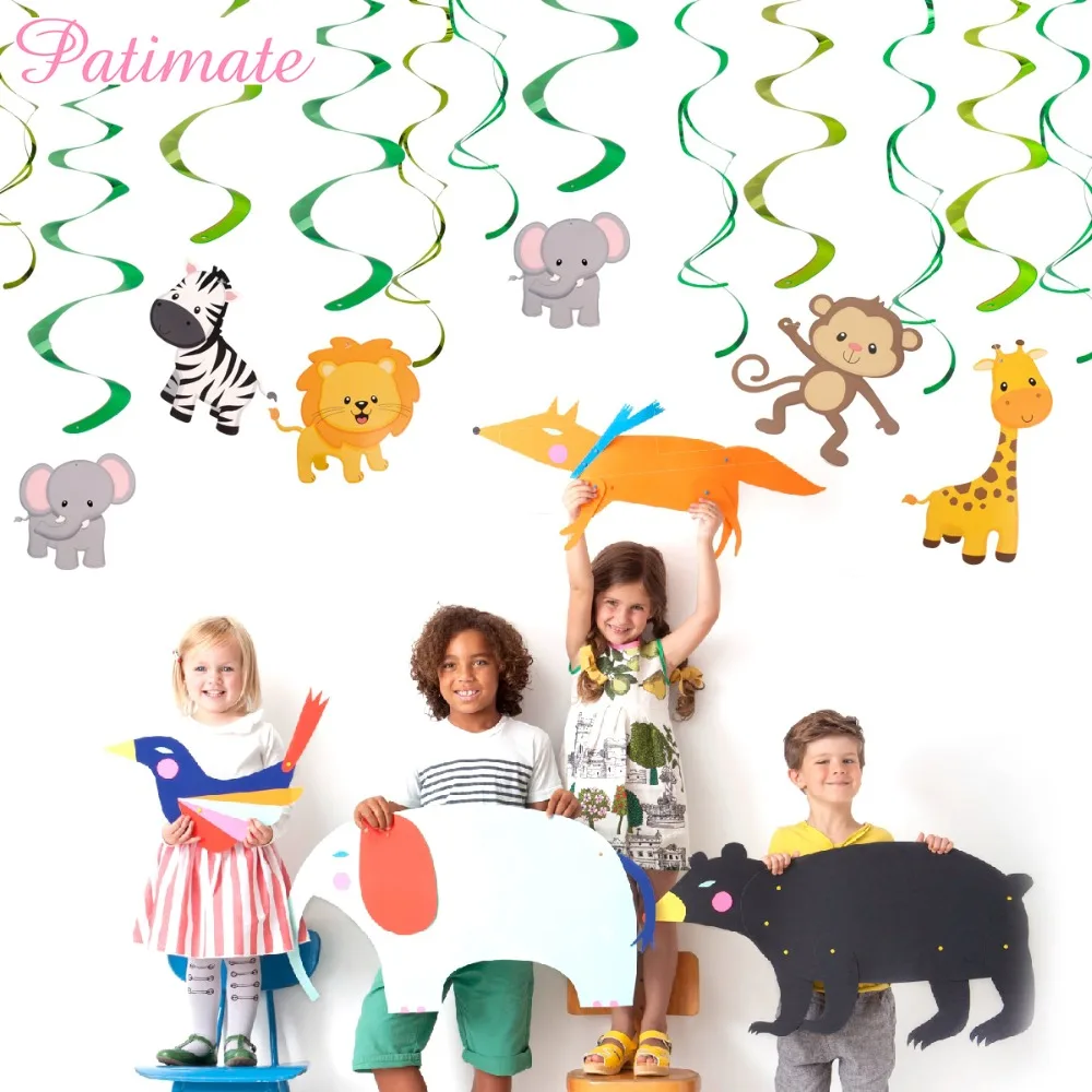 

PATIMATE 30pc Baby Shower Wild Animals Swirls Banner Birthday Party Decorations Kids Jungle Animal Bunting Ceiling Hanging Swirl