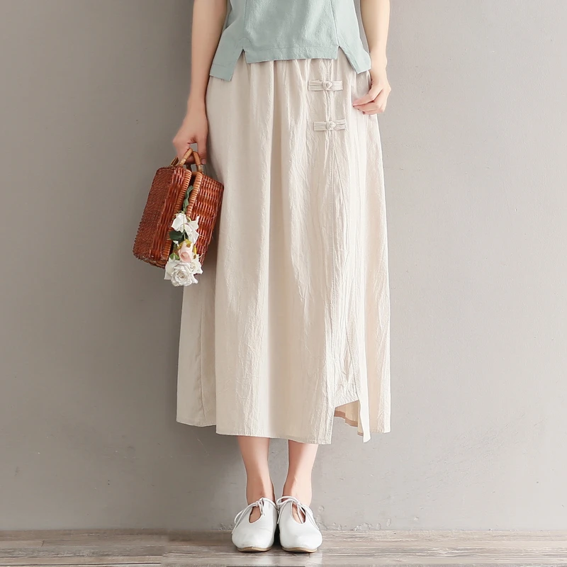 

Apricot Red Summer Long Skirts Pure Color Long Skirts Women Elastic Waist Cotton and Linen Vintage Skirt Japan Mori Girl Saia