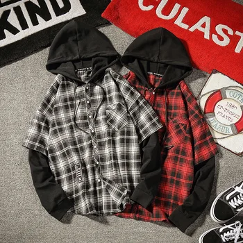 

Spring New Plaid Shirt Men Fashion Retro Casual Hooded Shirt Man Streetwear Hip Hop Loose Long-sleeved Shirt Male Clothes M-5XL