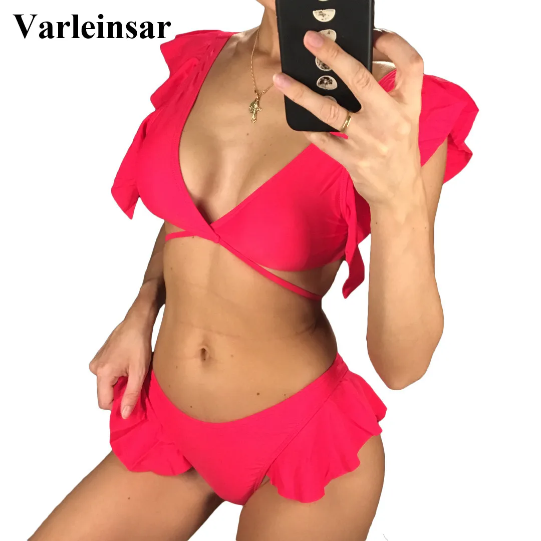 

New Sexy Red Ruffled Trim Bikini 2019 Women Swimwear Female Swimsuit Two-pieces Bikini set Bather Bathing Suit Swim Lady V1105