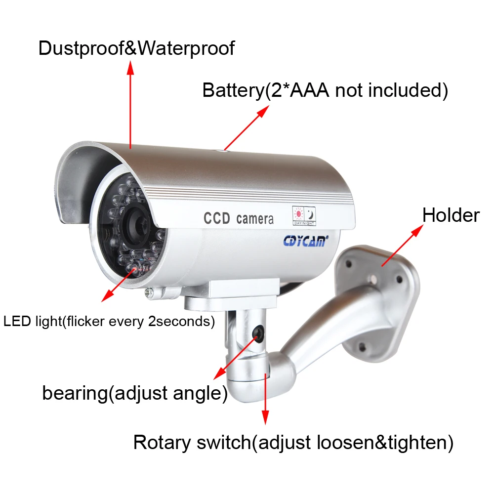 Fake Imitation Security Camera Outdoor Indoor Blinking Flashing Light Batteries