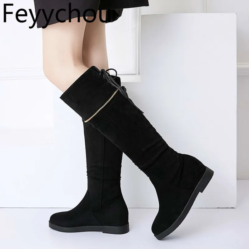 

Women Boots Autumn Winter Warm Round Toe Low Heel Plush Flock Knee-High Back Lace Up 2018 Sexy New Fashion Black Beige Size34-43