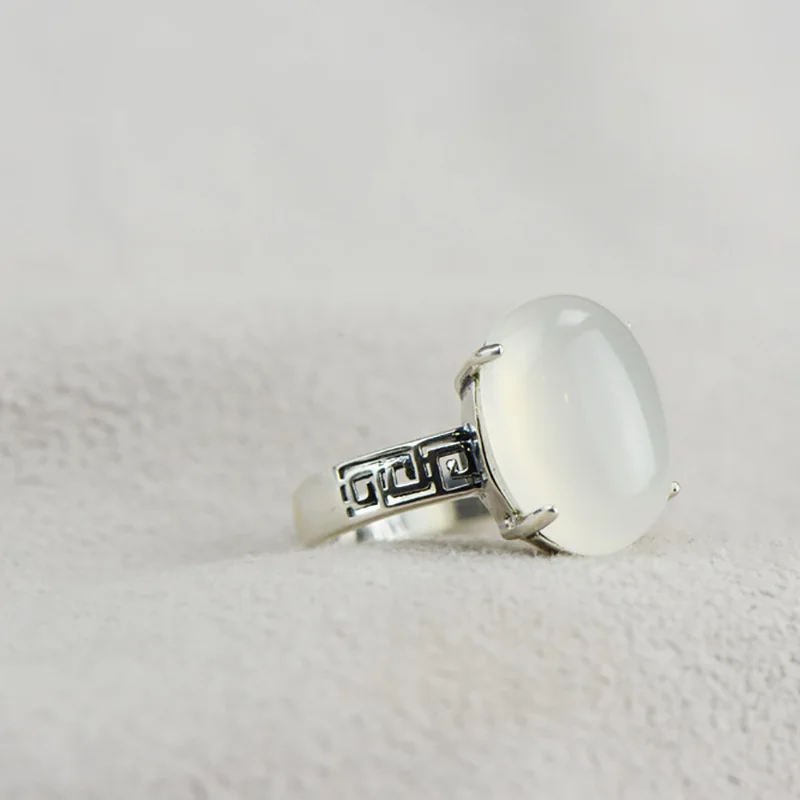 Genuine Solid Rings 925 Sterling Silver Initial Oval Shape Gemstone Rings For Women Natural Chalcedony Elegant Fine Jewelry