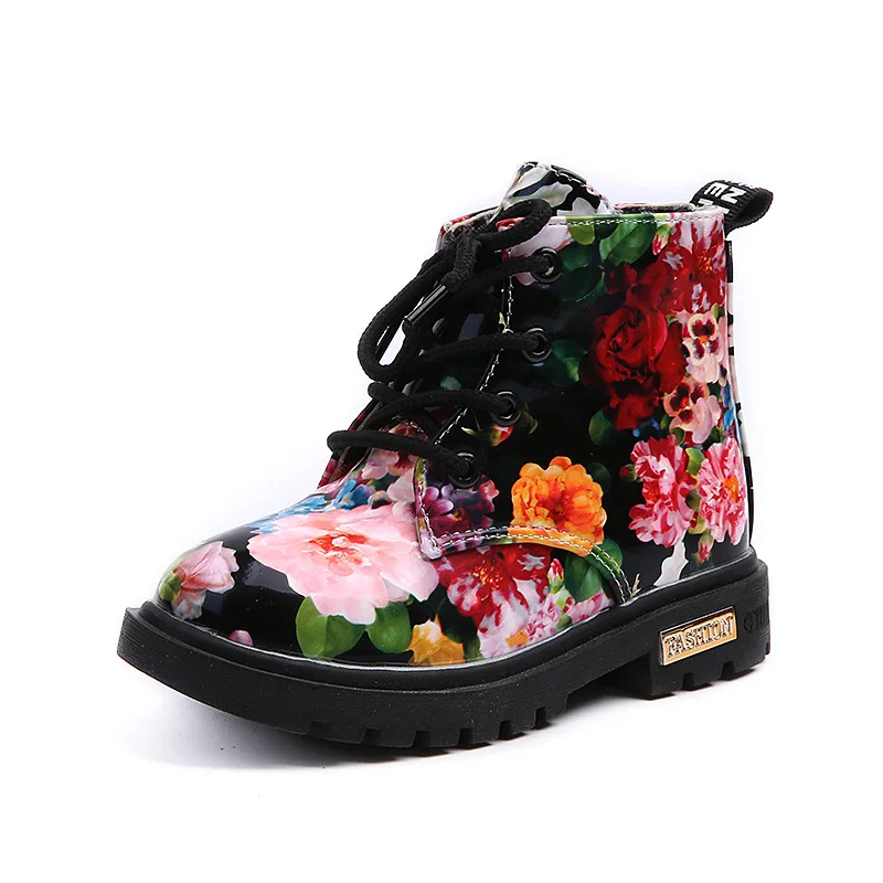 

Martin Shoes 2018 New Winter Snow Boots Printing Big Flower Kids Ankle Boots Flat with Soft Rubber Non-slip Girl Autumn Shoes