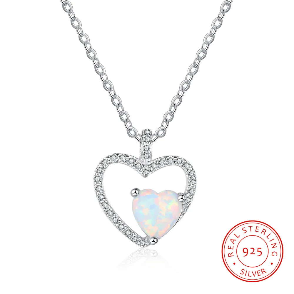 

Shining Heart Shape White Fire Opal Fashion 925 Sterling Silver Necklace with Chain Xmas Gift
