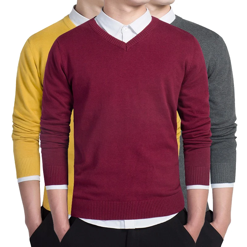 

2018 Autumn Winter male quality slim high-grade pure cotton Set head knitted Solid Color sweater Male leisure v-neck knit shirt