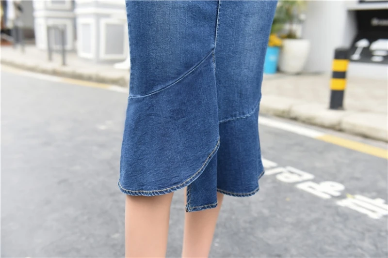 Джинсовые юбки с оборками размера плюс, женская модная Однотонная синяя джинсовая юбка средней длины с карманами на молнии, летняя юбка