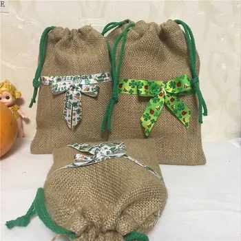 

YILE 1pc Jute Hemp Burlap Drawstring Bag Clover Ribbon Bowknot Easter Party Favor 8117c