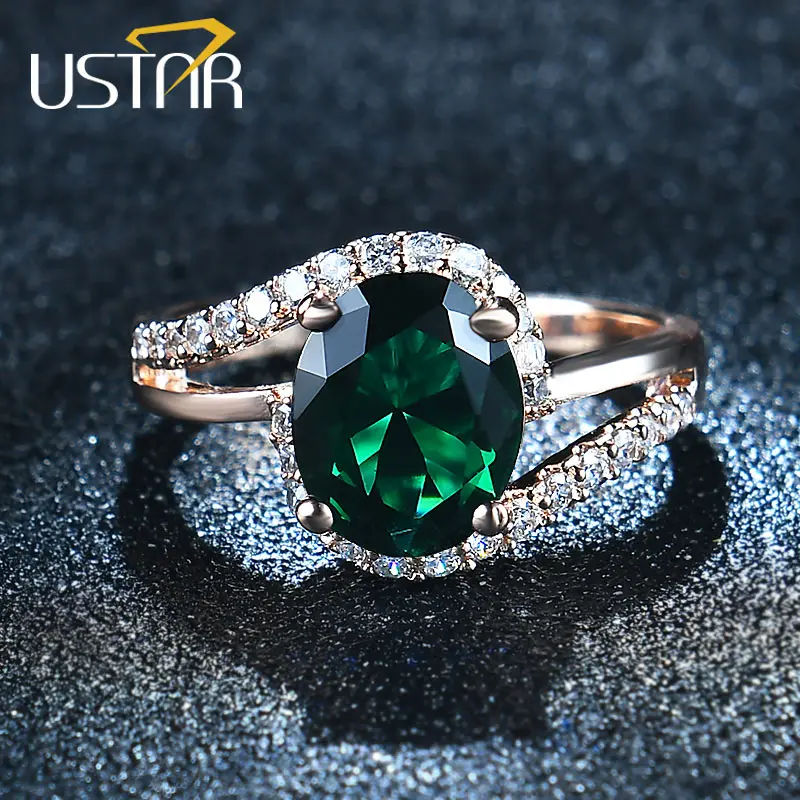 Женские свадебные кольца USTAR Овальные зеленые с фианитами 2.0ct цвета розового