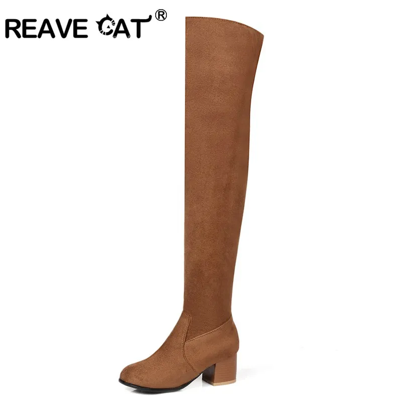 

REAVE CAT 2021 Over The Knee Boots Square Med Heel Women Boots Sexy Ladies Zipper Stretch Fabric Fashion Boots Black Brown A082