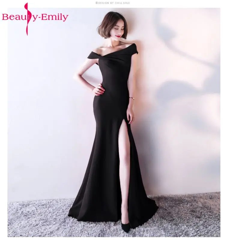 Beauty Emily, сексуальные черные вечерние платья русалки,, вырез лодочкой, эластичный атлас, женские вечерние платья для выпускного вечера, Длинные вечерние платья - Цвет: Черный