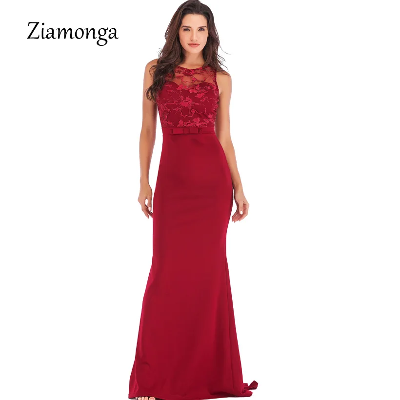 

Ziamonga Runway Style Mermaid Formal Party Dresses 2019 Bow Sleeveless Long Lace Dresses Cheap Wedding Guest Gown Robe De Soiree