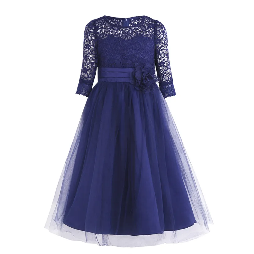 Цветочное кружевное Сетчатое платье с короткими рукавами и цветочным узором для девочек ТРАПЕЦИЕВИДНОЕ праздничное платье принцессы длиной до середины икры на день рождения, свадьбу SZ 4-14 - Цвет: Dark Blue