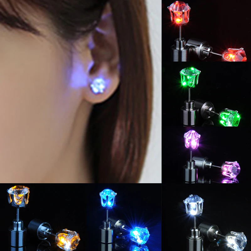 1pair Charm LED Earring Light Up Crown Glowing Crystal Stainless Ear