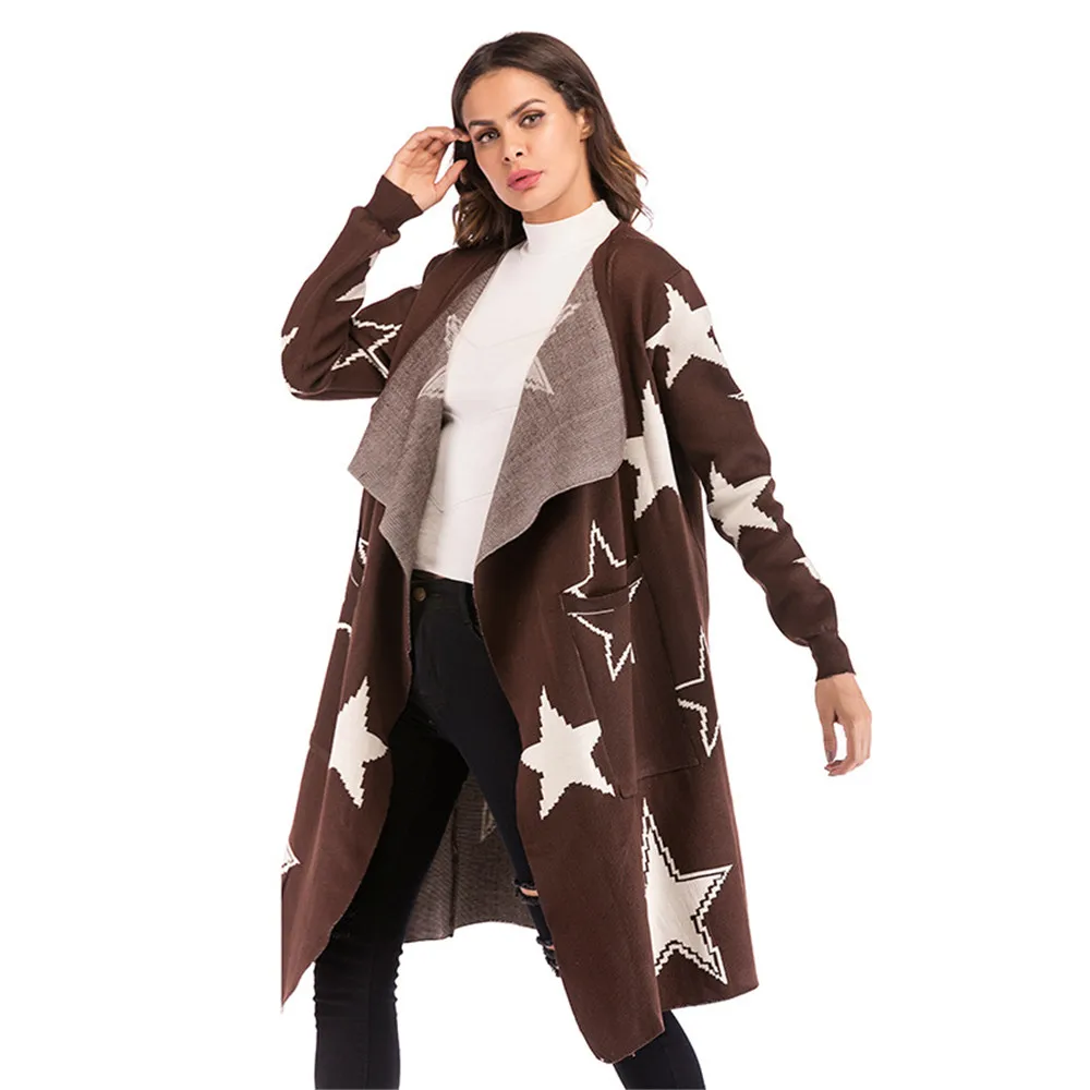 2018 Knit Jacket Women's Autumn Loose Star Pattern Knit Cardigan in the Long Coat