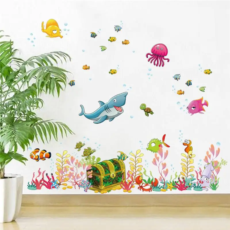 Deep sea world fish animals настенные наклейки для комнаты украшения мультфильм декор на стену zoo детские домашние наклейки плакат 1307. 4,0