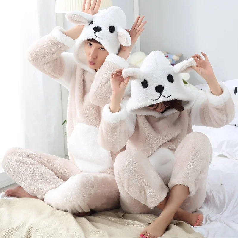 

JINUO New Arrival Winter Young Couples Coral Fleece Thicken Pajama Sets Lovers Cartoon White Bear Warm Soft Home Wear Sleepwear