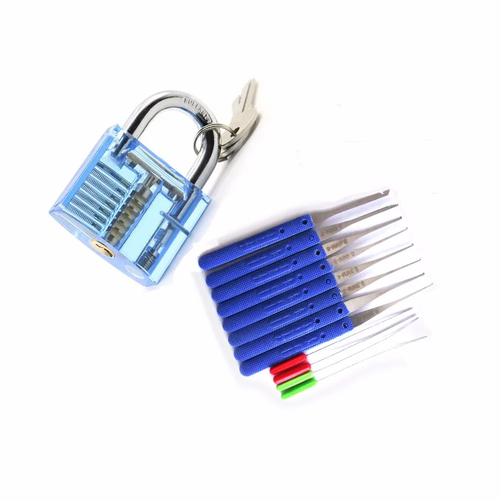 

High Quality Locksmith Practice Tool Set 1Pcs Transparent Padlock +1set Broken Key Extractor Tools Free Shipping