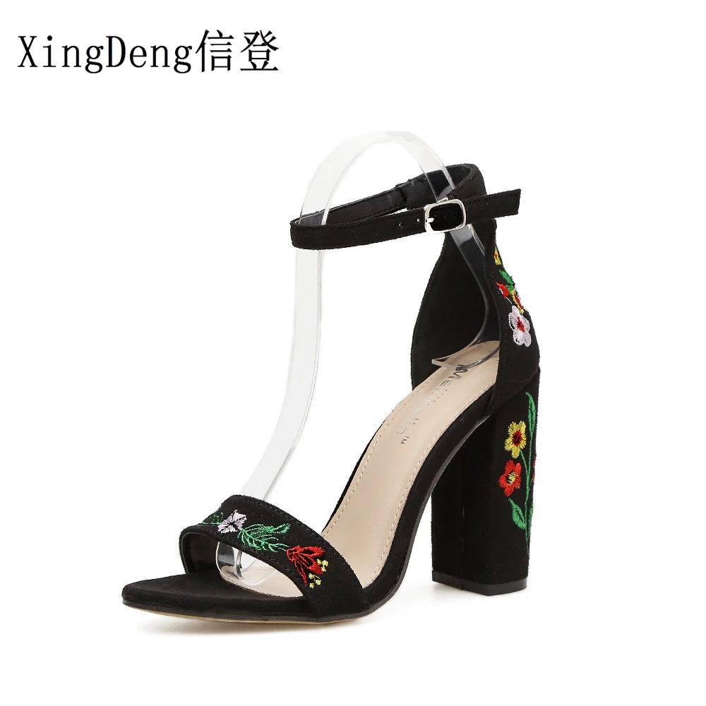 

XingDeng Girls Sexy Printed Flowes Ankle Strap Party Wedding Dress Shoes Women Embroidery Thick Heels High Heels Sandals Shoes