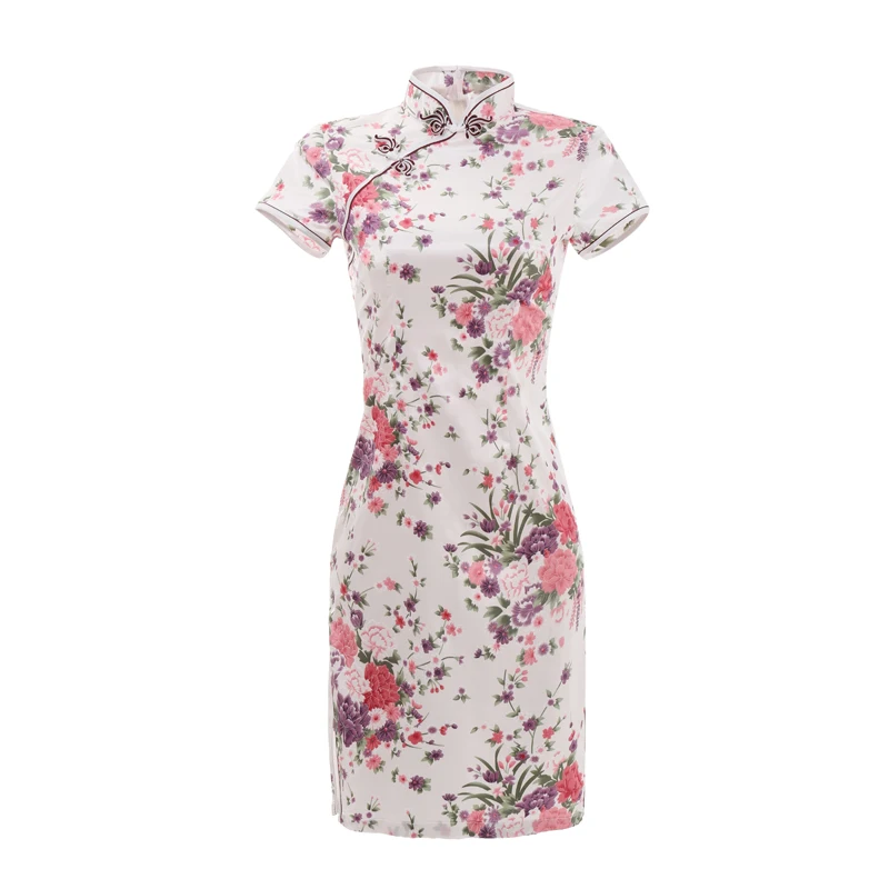 

New Arrival Sexy Slim Summer Ladies Short Cheongsam Chinese Style Traditional Dress Rayon Print Floral Stage Show Qipao