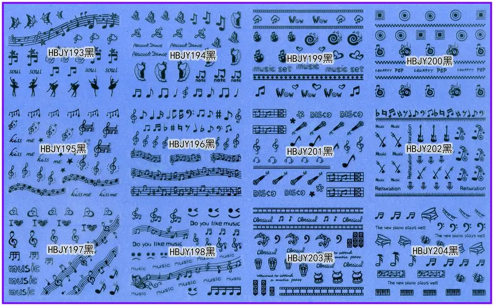 12 шт./лот, самоклеющиеся 3D наклейки для ногтей, татуировки, белые, черные, золотые, серебряные, сладкое сердце, мелодия, музыка, гитара, микрофон, HBJY193-204