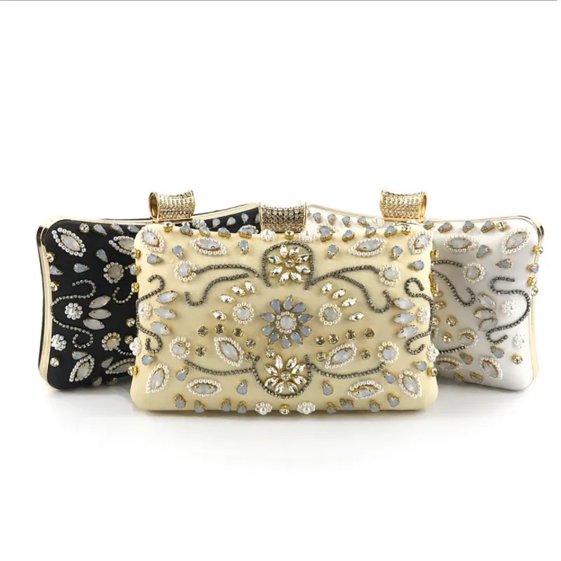 

Women Fashion hand-made Beaded Clutch Bag Lady Evening Bag Chain Silver Crystal Shoulder Handbags Party Wedding Bridal Bags