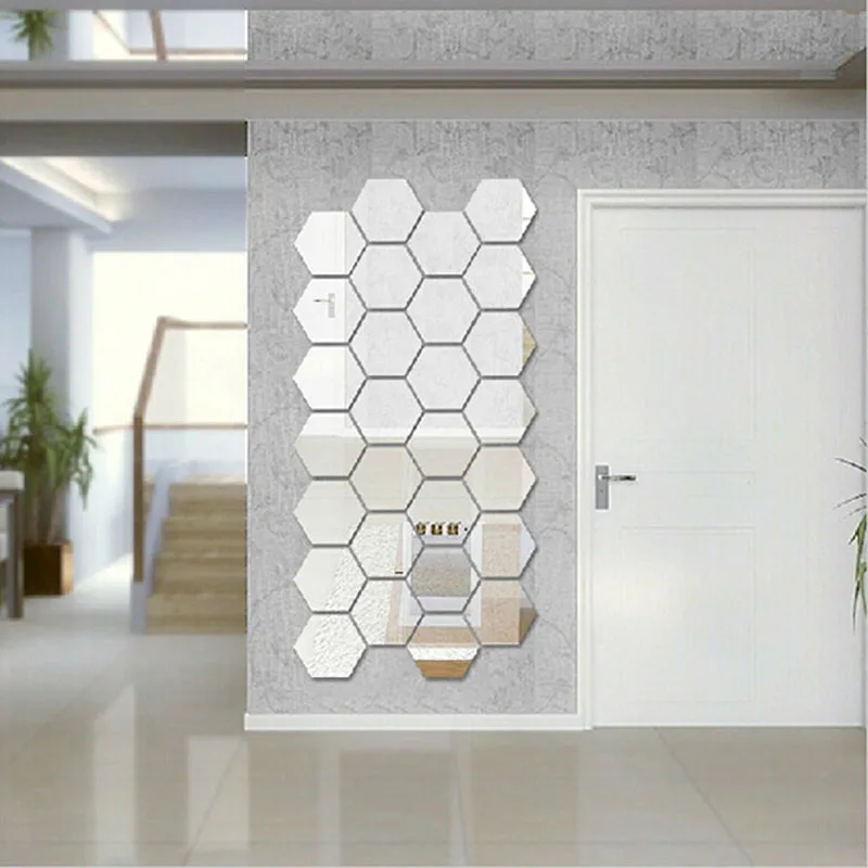 

Hot Sales Factory Price! 12pcs Hexagon Mirror Style Silver Removable Decal Vinyl Art Wall Sticker Home Decor