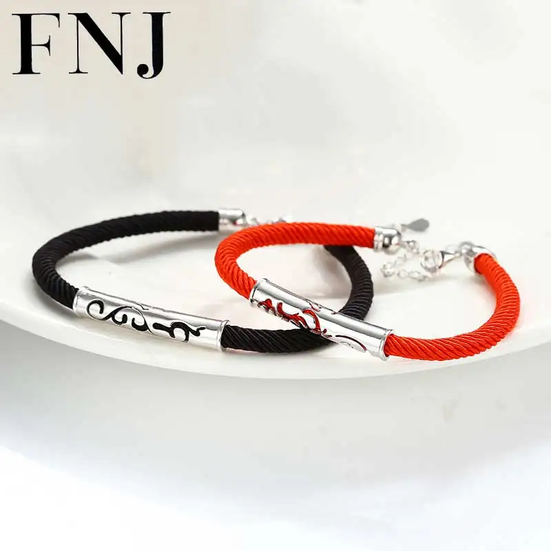 

FNJ 925 Silver Bracelet Black Red Thread String Chain S925 Silver Bracelets for Women Men Jewelry