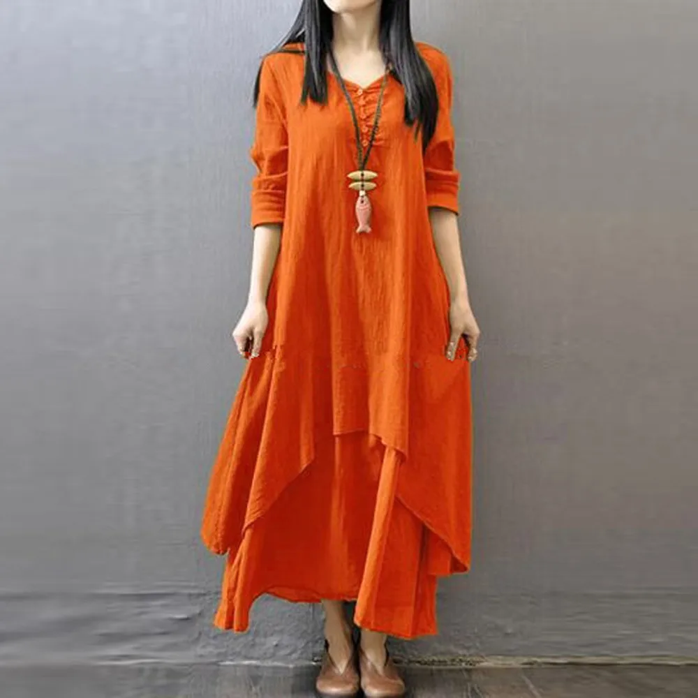 

Women Dresses Casual Loose Long Sleeve Cotton Linen Boho Long Dress Irregular Dress New Elegant Women party dress 2019